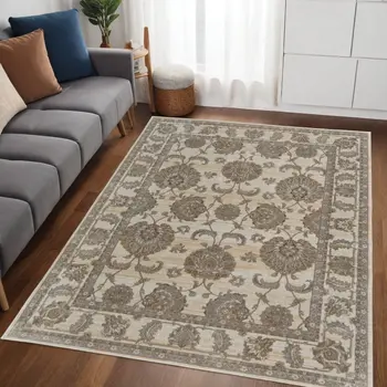 5' X 8' Tan Ivory And Brown Power Loom Area Rug