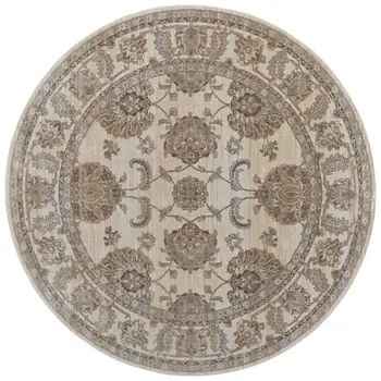 8' Brown and Ivory Round Oriental Power Loom Distressed Area Rug