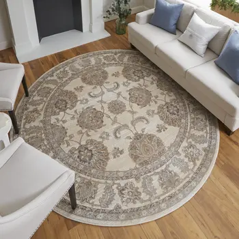 8' Brown and Ivory Round Oriental Power Loom Distressed Area Rug