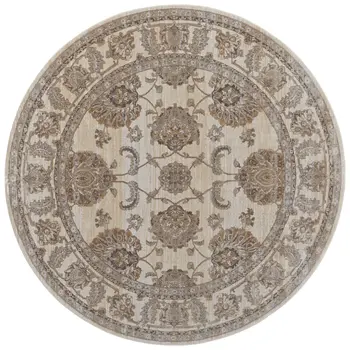 8' Brown and Ivory Round Oriental Power Loom Distressed Area Rug