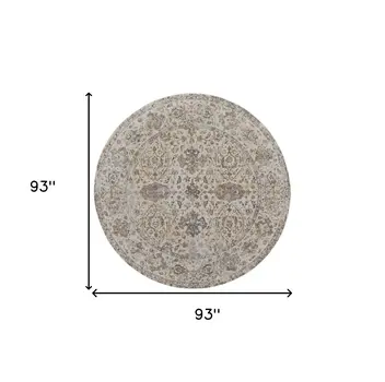 8' Brown and Ivory Round Oriental Power Loom Distressed Area Rug
