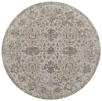 8' Brown and Ivory Round Oriental Power Loom Distressed Area Rug