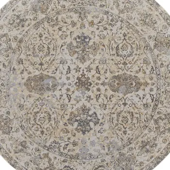 8' Brown and Ivory Round Oriental Power Loom Distressed Area Rug