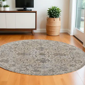 8' Brown and Ivory Round Oriental Power Loom Distressed Area Rug