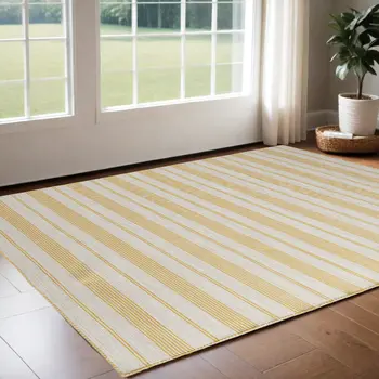 2' X 3' Yellow And Ivory Striped Dhurrie Hand Woven Stain Resistant Area Rug