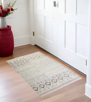 2' X 3' Gray and Ivory Geometric Hand Knotted Area Rug