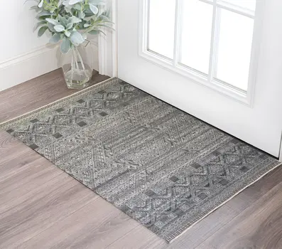 2' X 3' Gray and Ivory Geometric Hand Knotted Area Rug