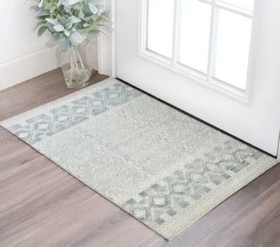 2' X 3' Ivory and Blue Geometric Hand Knotted Area Rug