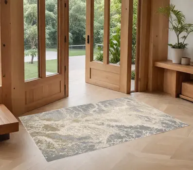 2' X 3' Ivory Silver And Gold Abstract Stain Resistant Area Rug