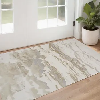 2' X 3' Ivory Tan And Gray Abstract Stain Resistant Area Rug