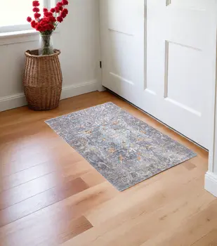 2' X 3' Blue Gray And Orange Floral Area Rug
