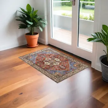 2' X 3' Blue Red And Ivory Floral Area Rug