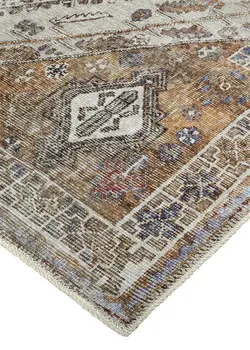 2' X 3' Ivory Blue and Orange Medallion Distressed Washable Area Rug