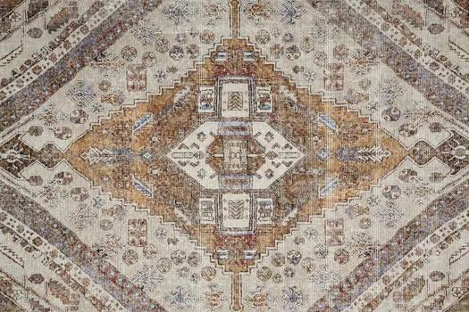 2' X 3' Ivory Blue and Orange Medallion Distressed Washable Area Rug