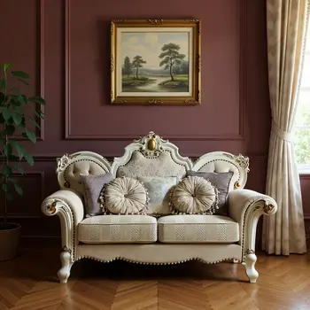 70" Gold And Pearl Velvet Loveseat and Toss Pillows