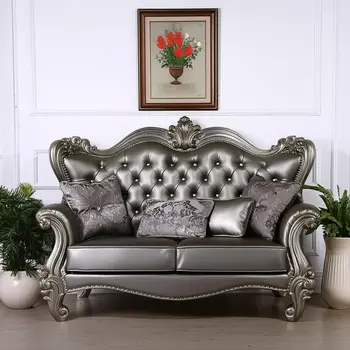 70" Silver And Platinum Faux Leather Loveseat and Toss Pillows