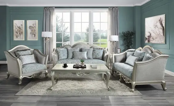 66" Light Gray And Champagne Linen Damask Loveseat and Toss Pillows