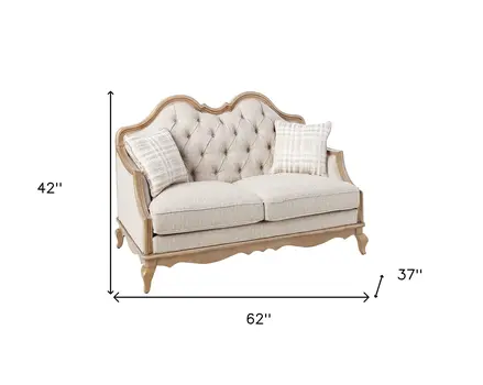 62" Beige And Brown Linen Loveseat and Toss Pillows