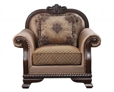 44" Tan and Espresso Fabric Tufted Arm Chair And Toss Pillow