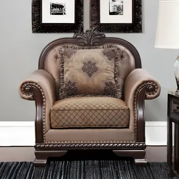 44" Tan and Espresso Fabric Tufted Arm Chair And Toss Pillow
