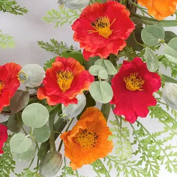 19" Green Orange And Red Fern And Poppy Artificial Wreath