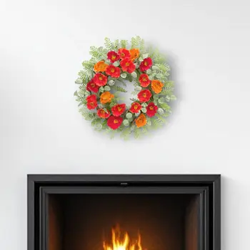 19" Green Orange And Red Fern And Poppy Artificial Wreath