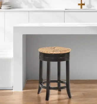 24" Natural and Espresso Rush and Solid Wood Backless Counter Height Swivel Bar Chair