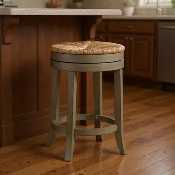 24" Natural and Gray Rush and Solid Wood Backless Counter Height Swivel Bar Chair
