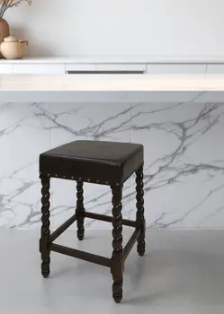 24" Black And Espresso Faux Leather And Solid Wood Backless Counter Height Bar Chair