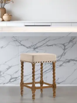 24" Cream And Natural Faux Leather And Solid Wood Backless Counter Height Bar Chair