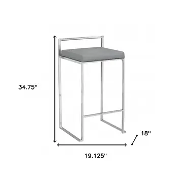 35" Gray And Silver Faux Leather And Steel Low Back Bar Height Bar Chair