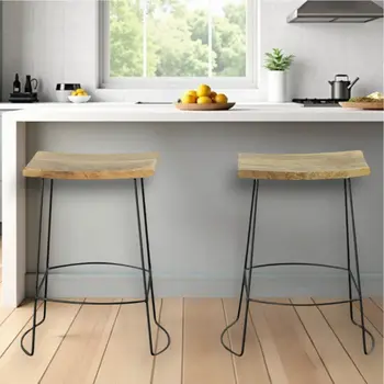 Set of Two 25" Natural and Black Solid Wood and Steel Backless Counter Height Bar Chairs