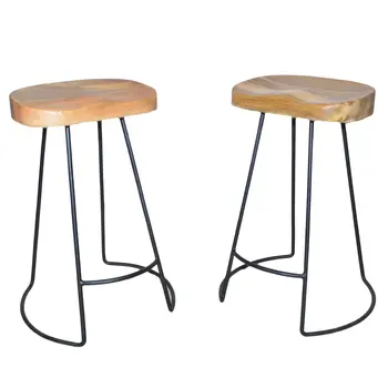 Set of Two 25" Natural and Black Solid Wood and Steel Backless Counter Height Bar Chairs