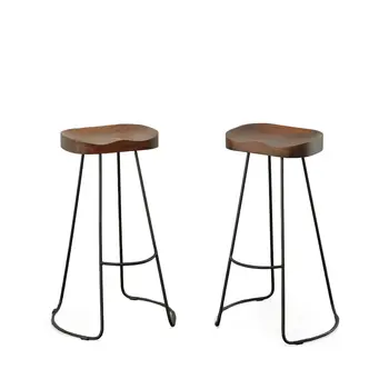 Set of Two 31" Chestnut and Black Solid Wood and Steel Backless Bar Height Bar Chairs