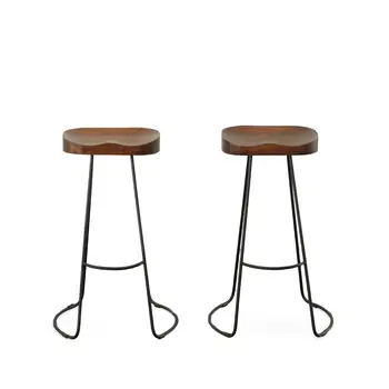 Set of Two 31" Chestnut and Black Solid Wood and Steel Backless Bar Height Bar Chairs