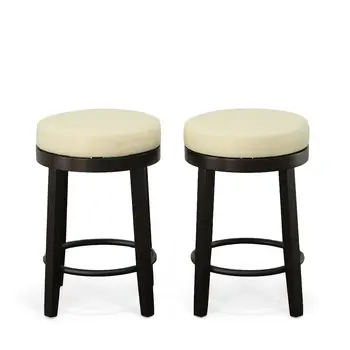Set of Two 24" Cream and Espresso Faux Leather and Solid Wood Backless Counter Height Swivel Bar Chairs
