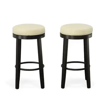 Set of Two 30" Cream and Espresso Faux Leather and Solid Wood Backless Bar Height Swivel Bar Chairs