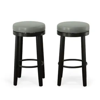 Set of Two 30" Gray and Espresso Faux Leather and Solid Wood Backless Bar Height Swivel Bar Chairs
