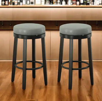 Set of Two 30" Gray and Espresso Faux Leather and Solid Wood Backless Bar Height Swivel Bar Chairs