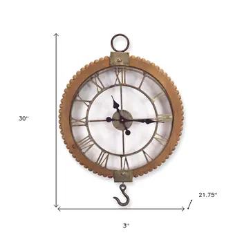 22"  Natural Solid Wood and Metal Analog Round Wall Clock