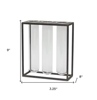 9" Clear And Brown Cylinder Metal Table Vase