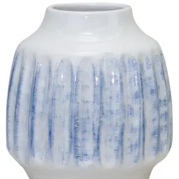 Set of Two White and Blue Ceramic Striped Round Table Vase