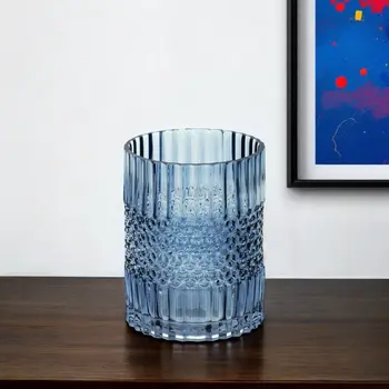 8" Blue Geometric Cylinder Glass Table Vase