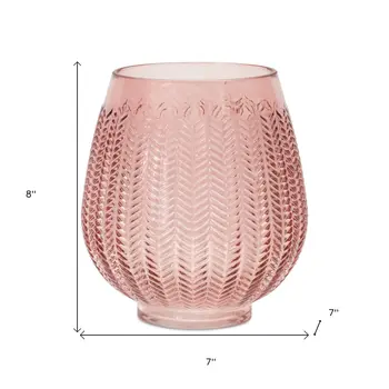 8" Pink Glass Textured Leaf Pattern Round Table Vase