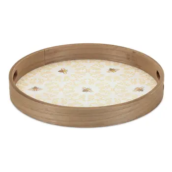 Set of Two Yellow Round Solid Wood Serving Tray With Handles