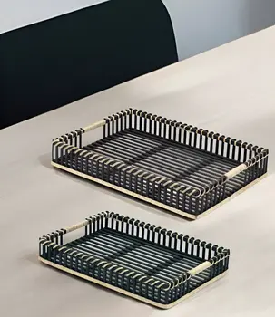 Set of Two Black Rectangular Solid Wood Serving Tray With Handles