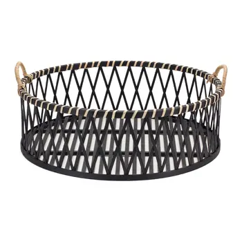 Set of Two Black and Tan Round Bamboo Serving Tray With Handles