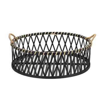 Set of Two Black and Tan Round Bamboo Serving Tray With Handles