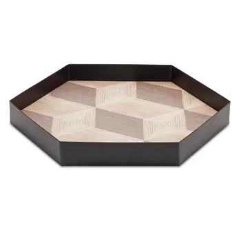 Set of Three Natural and Black Hexagon Iron Serving Tray