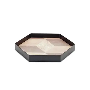 Set of Three Natural and Black Hexagon Iron Serving Tray